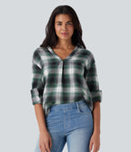 V Neck Curved Hem Plaid Casual Blouse