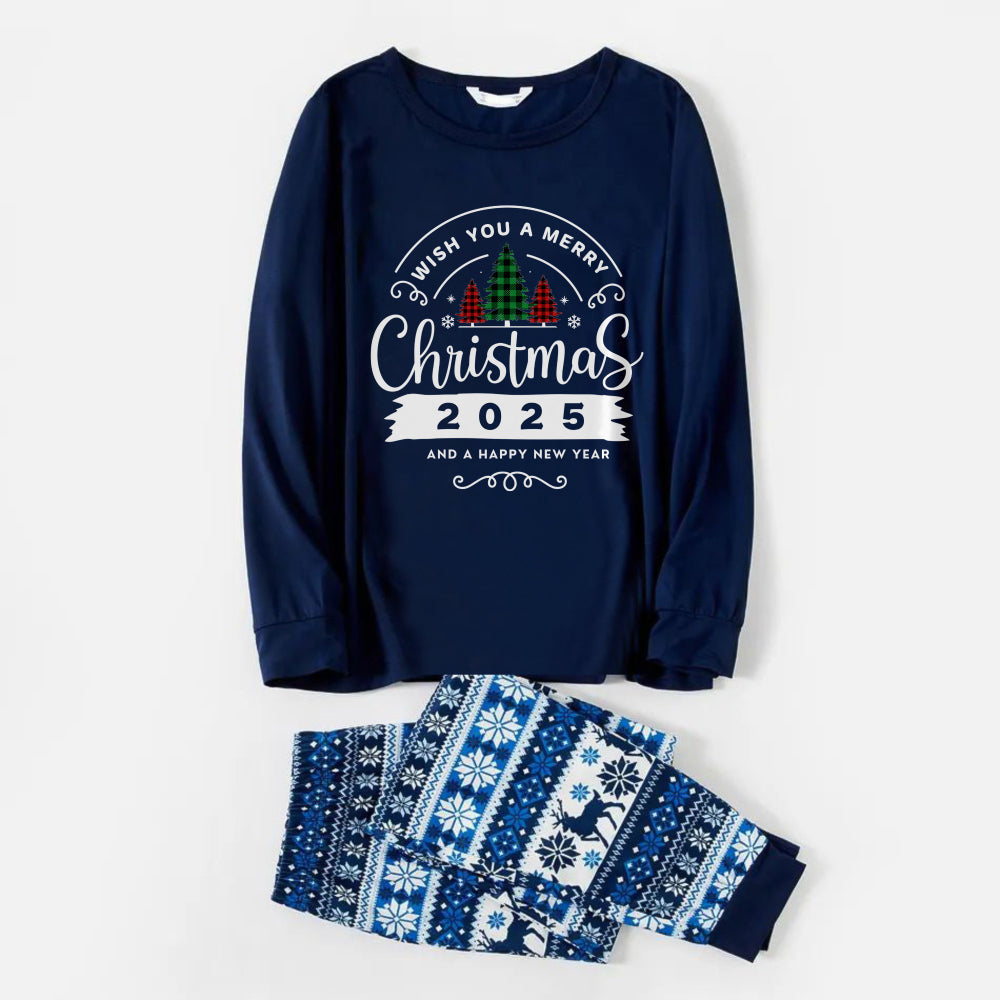 Joyful Blue Christmas Pajamas Set With With "Wish You A Merry Christmas 2025 and Happy New Year" Print