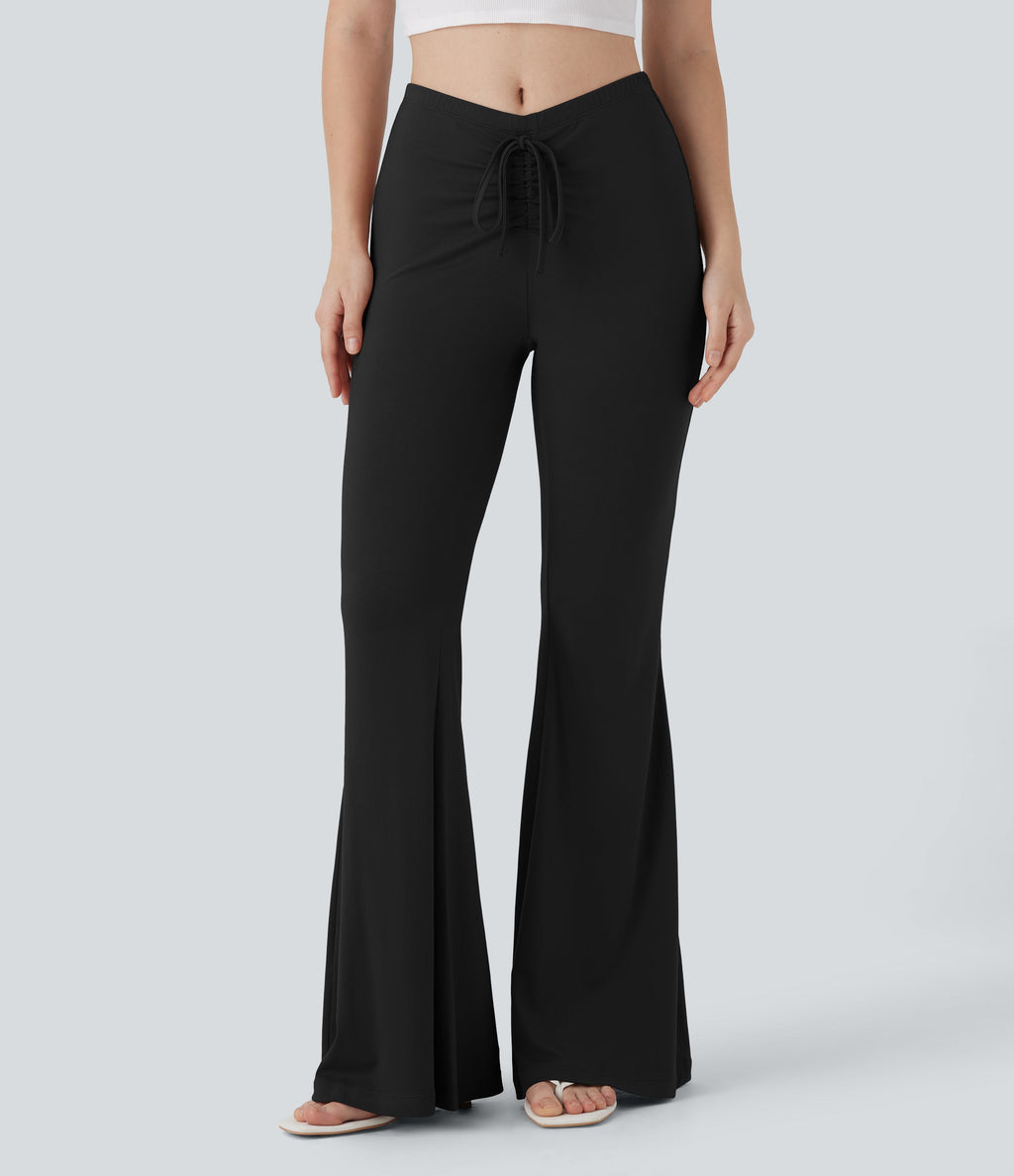 V Shaped Mid Rise Drawstring Flowy Casual Flare Pants