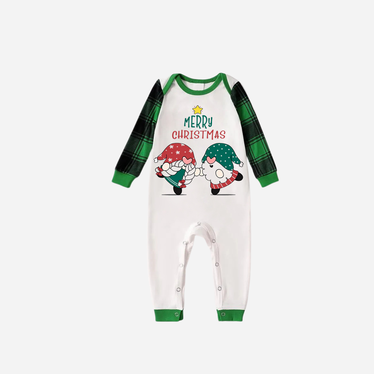 Green Raglan Top Green Plaid Christmas Pajamas Set With Gnome and Merry Christmas Text Print