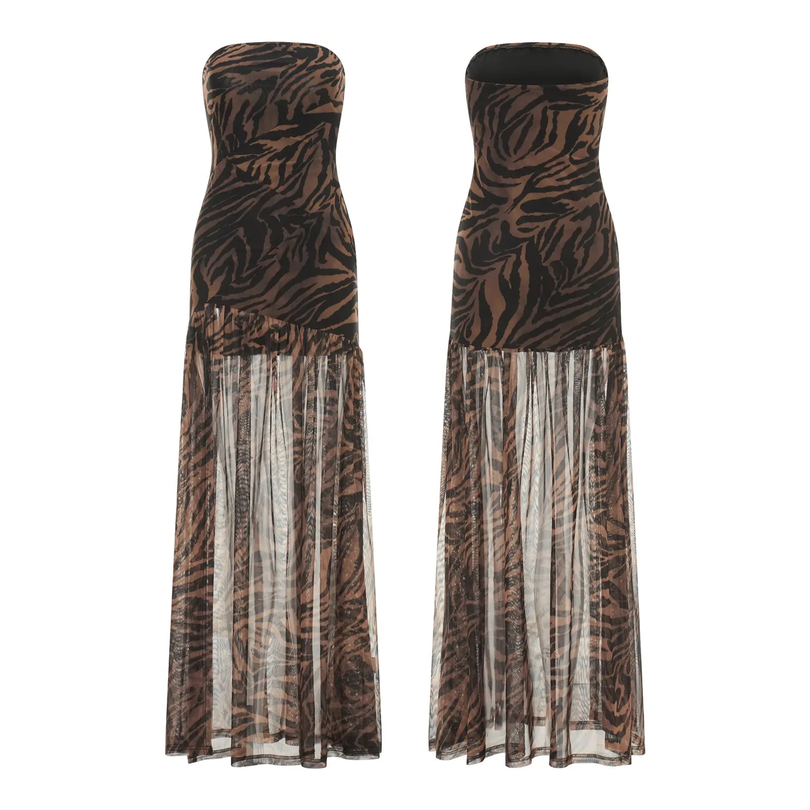 Women's Tube Top DressStrapless Backless Mesh Patchwork Tropical Leopard Print High Slit Long Dress for Party Club Night Polyester