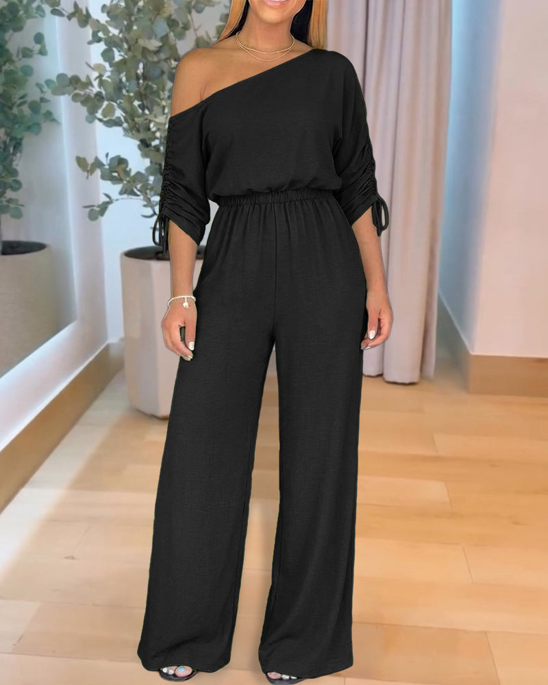 Stretchy Skew Neck Drawstring Sleeve Elastic Waist Overalls Casual High Waist Wide Leg Jumpsuit
