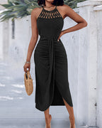 Halter Tie Criss Cross Front Knit Jacquard Textured Slit Dress Casual Hollow-out Draped Vacation Dress