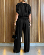 Women's Batwing Sleeve Jumpsuit High Waisted Ruched Wide Leg Overalls Elegant One Piece Outfit