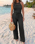 CHICME Women's Halter Tie Knit Jacquard Jumpsuit Hollow-Out Criss-Cross Front Wide-Leg Romper with Adjustable Drawstring Waist
