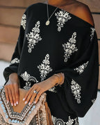 Women's Vintage Print Two-Piece Set Off-Shoulder Batwing Sleeve Top and High-Waisted Shorts Casual Vacation Set