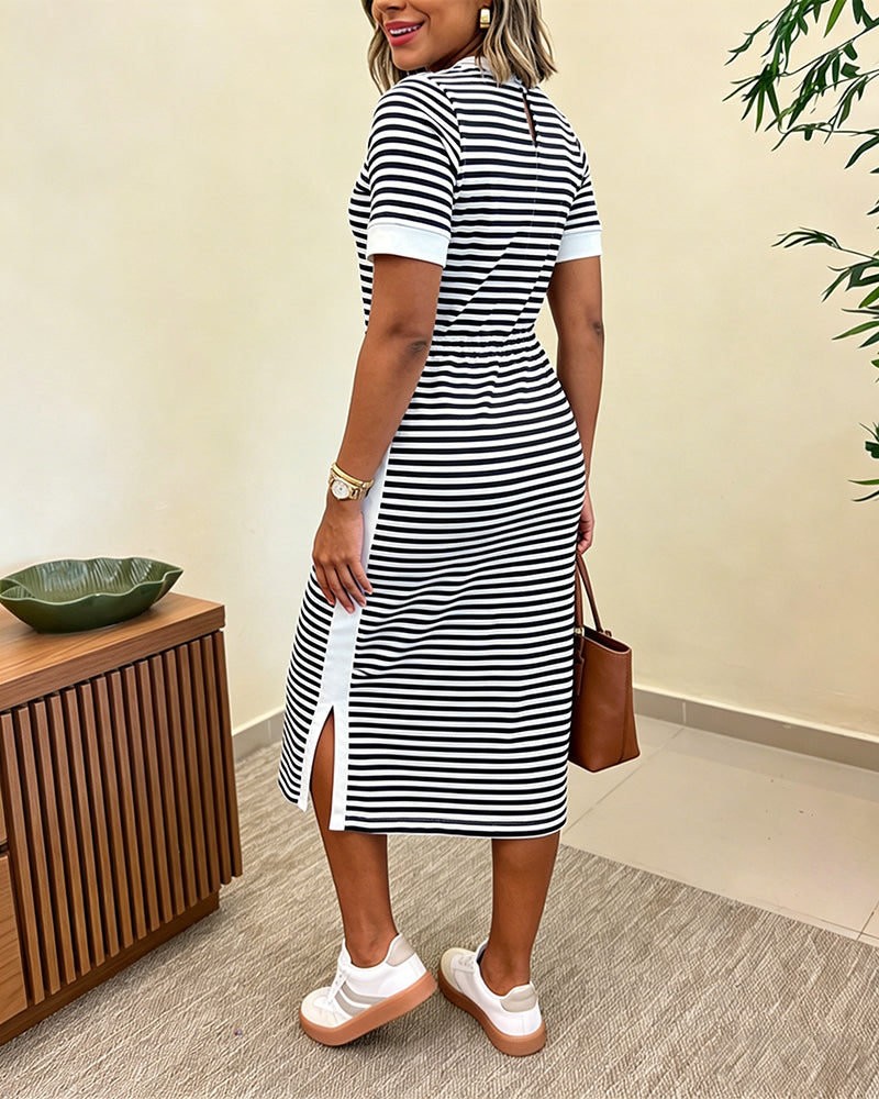 Women's Striped Colorblock Midi T-Shirt Dress Casual Crew Neck Waist-Cinching Slit Dress with Pockets