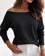 Women's Convertible Shoulder Batwing Sleeve Top Long Sleeve Loose Fit Casual Knit Tee