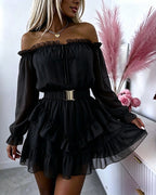 Women's Off Shoulder Frill Trim Mini A Line Dress Flowy Chiffon Ruffle Hem Party Dress with Belt & Built-In Shorts