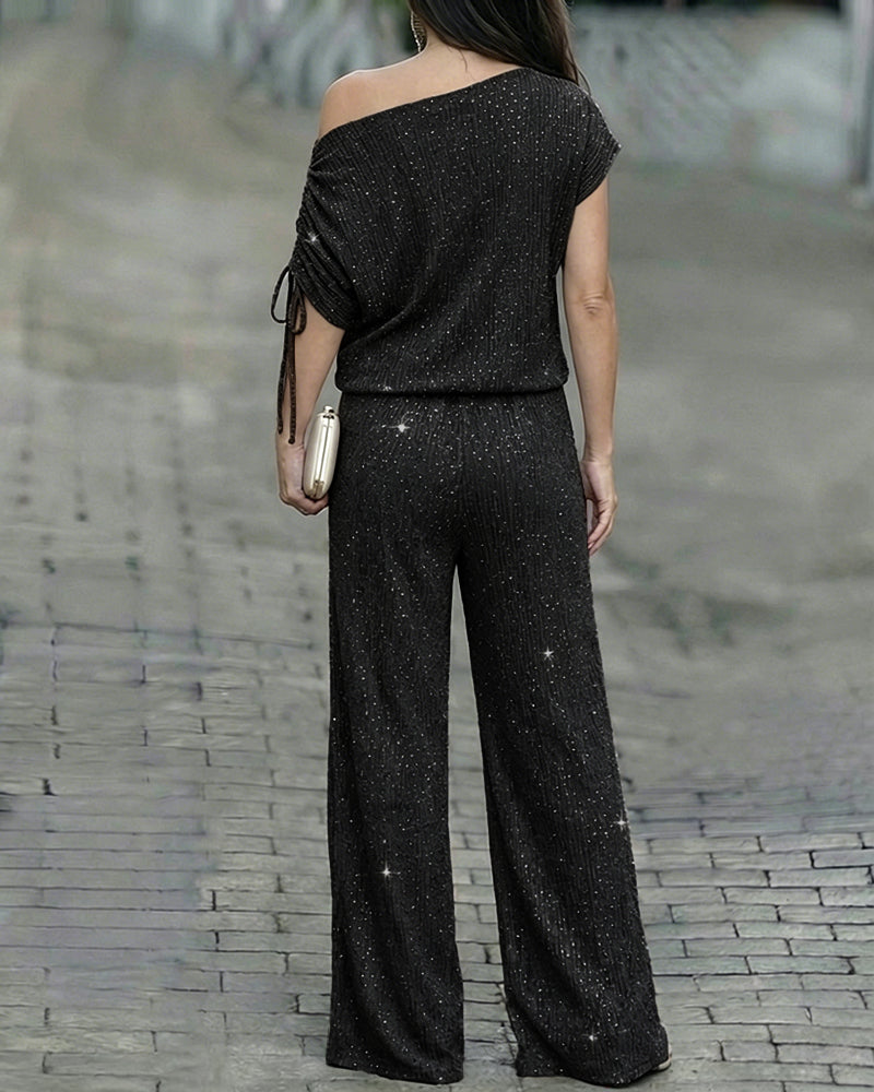 Women's Two-Piece Rhinestone Lounge Suit Skew Neck Top and Wide-Leg Pant Set Elegant Commuter Outfit with Pockets