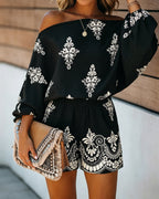 Women's Vintage Print Two-Piece Set Off-Shoulder Batwing Sleeve Top and High-Waisted Shorts Casual Vacation Set