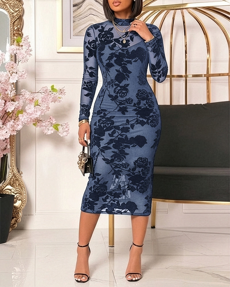 Women's Flocked Floral Mesh Dress Set Mock Neck Long Sleeve Bodycon Dress Sheer Lace Party Midi Dress with Camisole Slip Dress