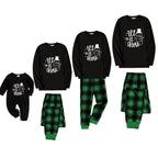 Christmas Family Matching Pajamas-Black Top and Green Plaid Pants Pjs Set with Snowman and Christmas Slogan Print