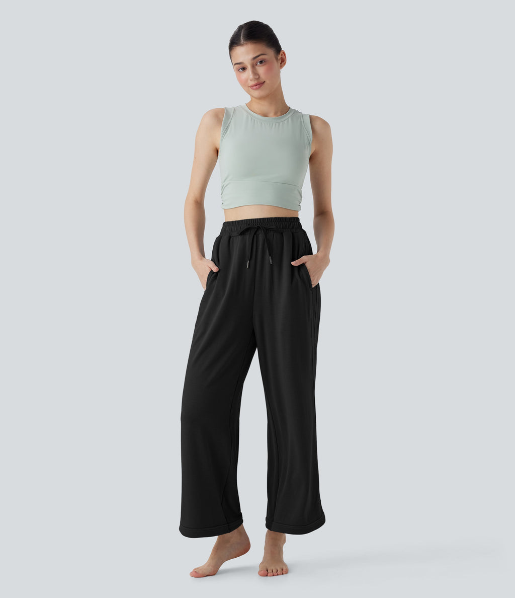 High Waisted Drawstring Curved Hem Straight Leg Yoga Pants with Pockets