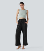 High Waisted Drawstring Curved Hem Straight Leg Yoga Pants with Pockets