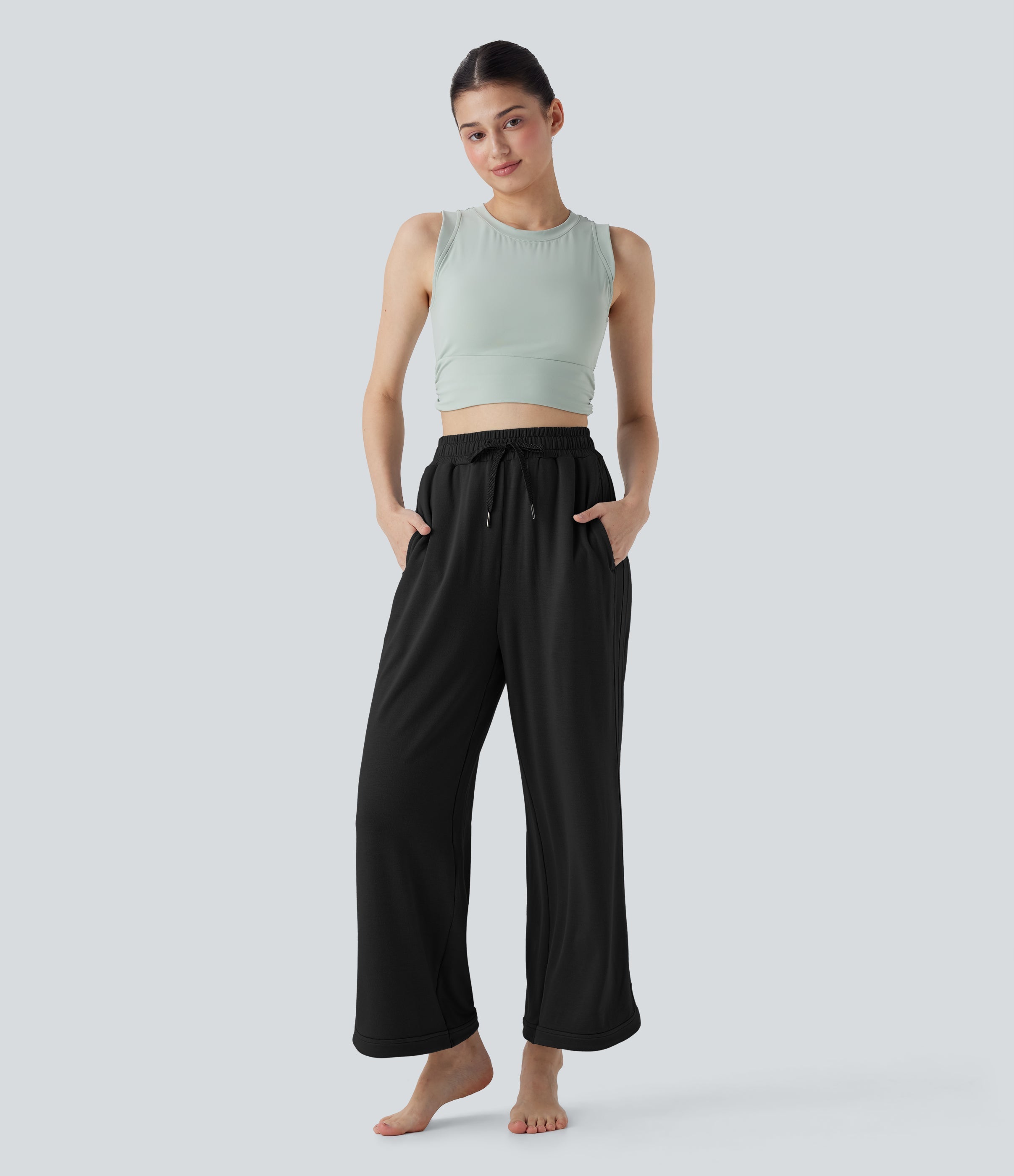 High Waisted Drawstring Curved Hem Straight Leg Yoga Pants with Pockets