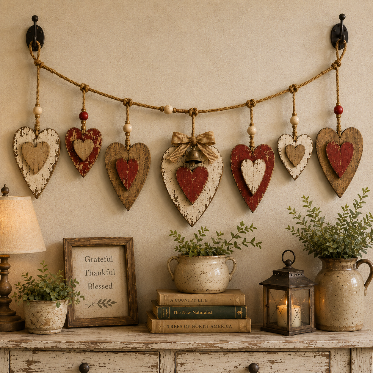 Rustic Vintage Wooden Heart Garland – 39.4″ Farmhouse Mantel & Wall Hanging Decor