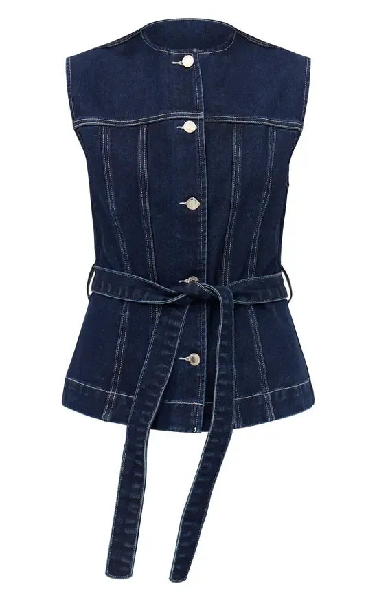 Indigo Round Neck Cinch Belted Denim Top