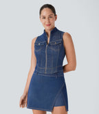 FlexTM Stand Collar Zipper Cool Touch Washed Denim Tennis Tank Top