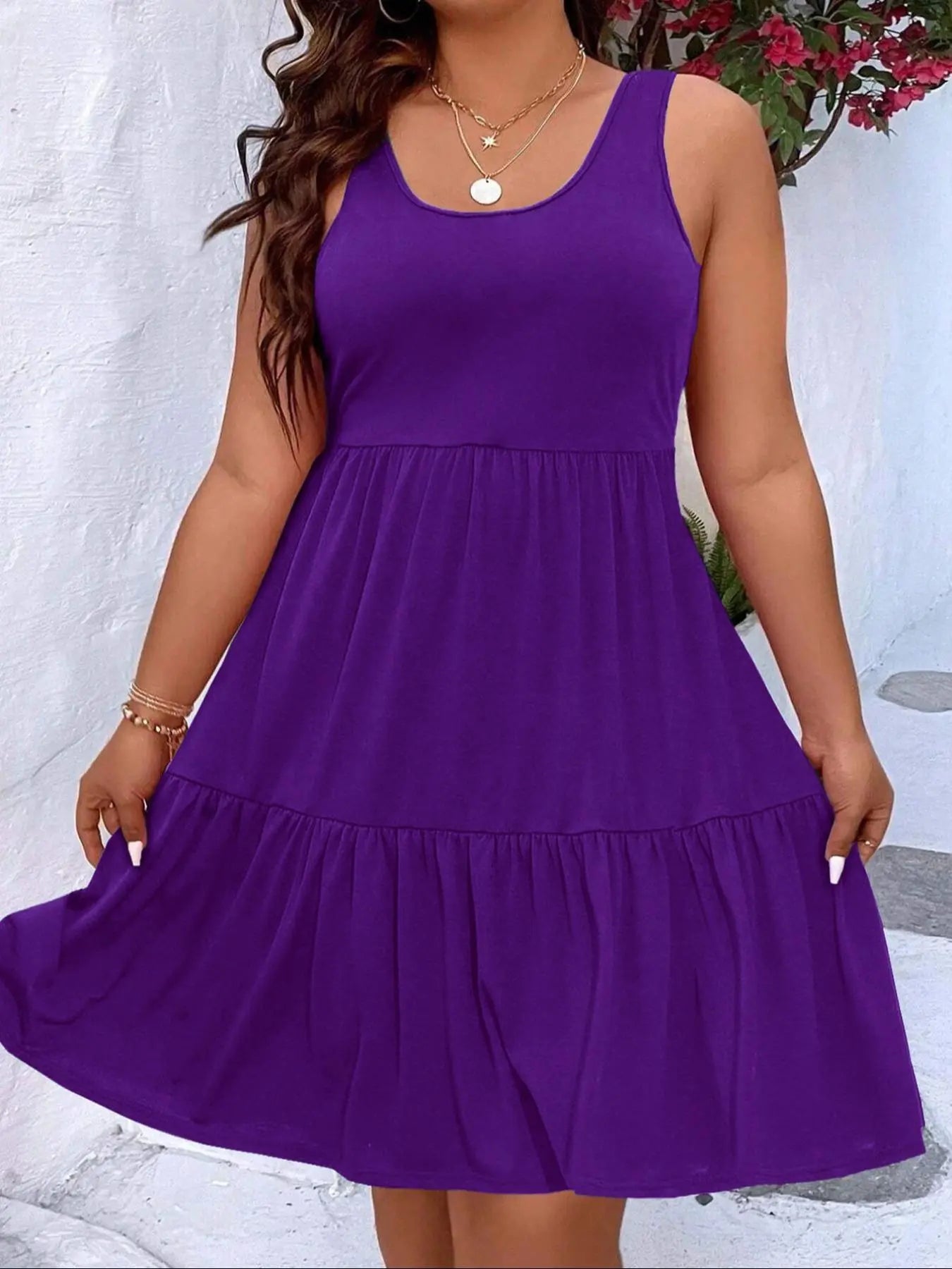 【Plus Size】 Solid Ruffle Hem Tank Dress, Casual Scoop Neck Sleeveless A Line Dress for Summer, Women's Clothing for Daily Wear