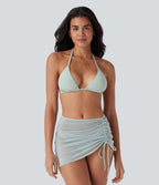 Sheer Mesh Halter Tie Back Drawstring 3-Piece Bikini Set