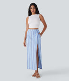 High Waisted Stripe Maxi Linen-Feel Skirt with Pockets