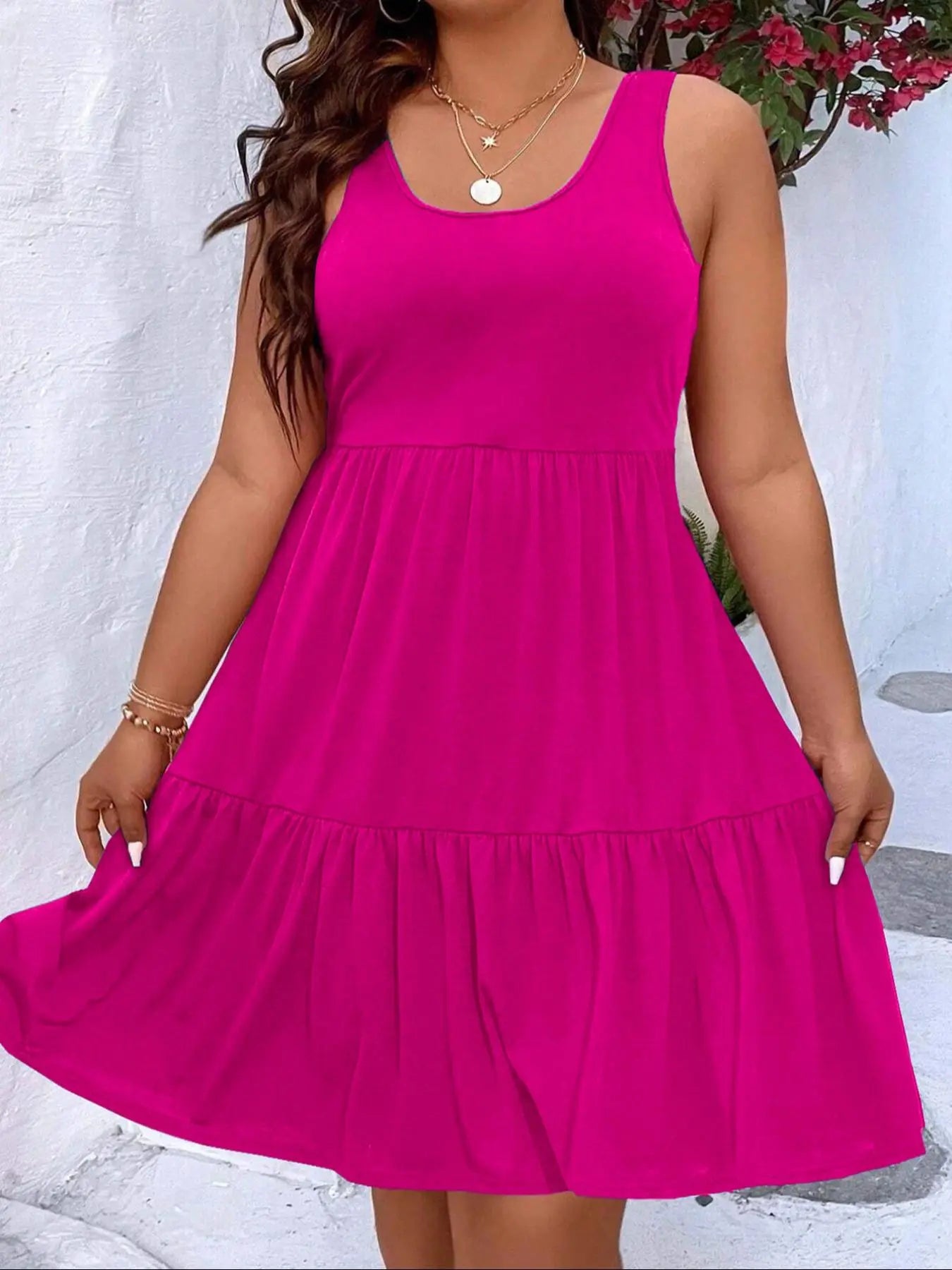 【Plus Size】 Solid Ruffle Hem Tank Dress, Casual Scoop Neck Sleeveless A Line Dress for Summer, Women's Clothing for Daily Wear