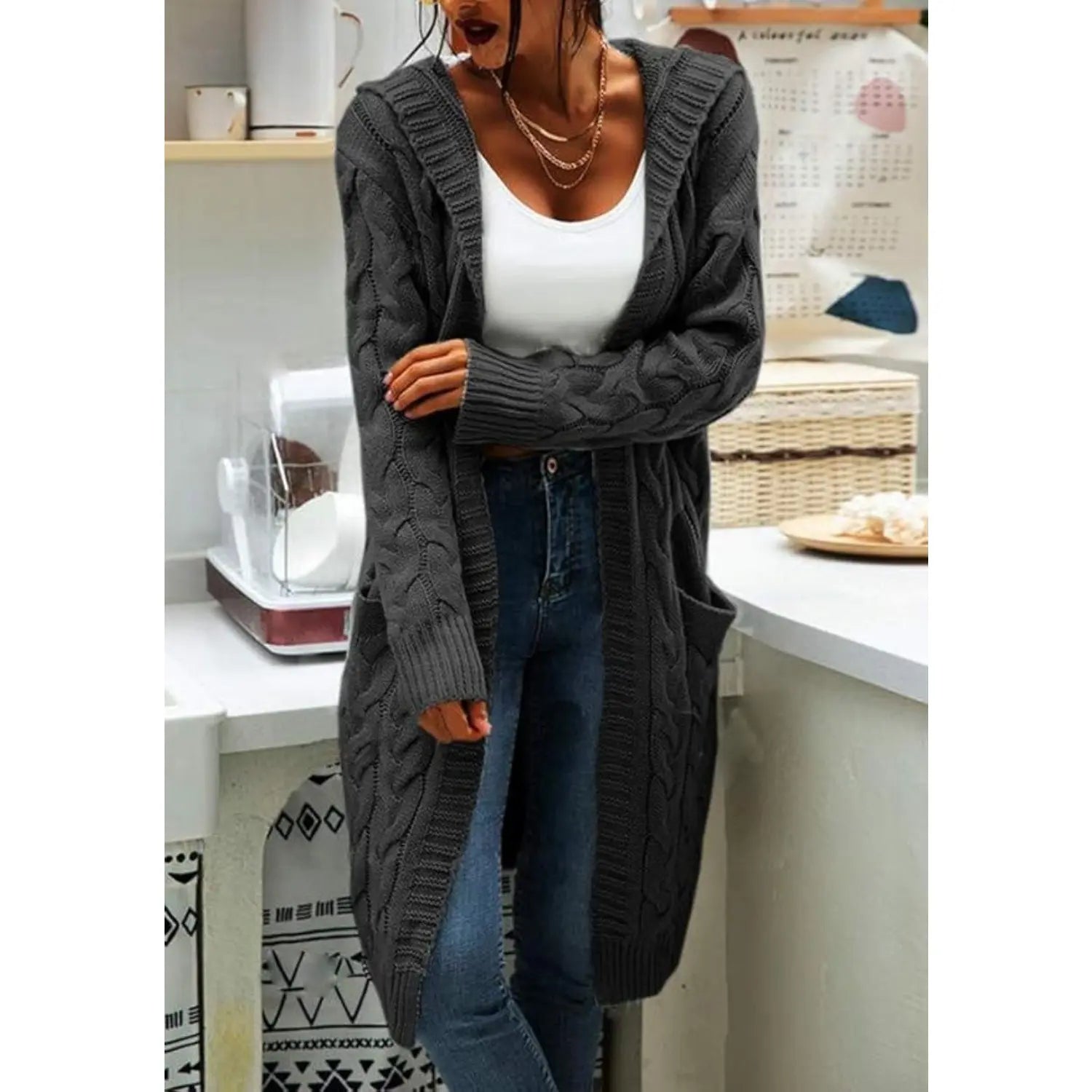 Women's Chunky Cable-Knit Hooded Cardigan Coat - H-Type, Open Front, Baggy Oversized, Acrylic, Long Chunky Knit Sleeves, Stretchy, Knitwear for Work & Casual Wear, All-Season Tops
