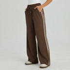Women's Casual High Waist Striped Wide Leg Trousers, Sporty Drawstring Waist Side Pocket Outfit, Minimalist Versatile Women's Bottom