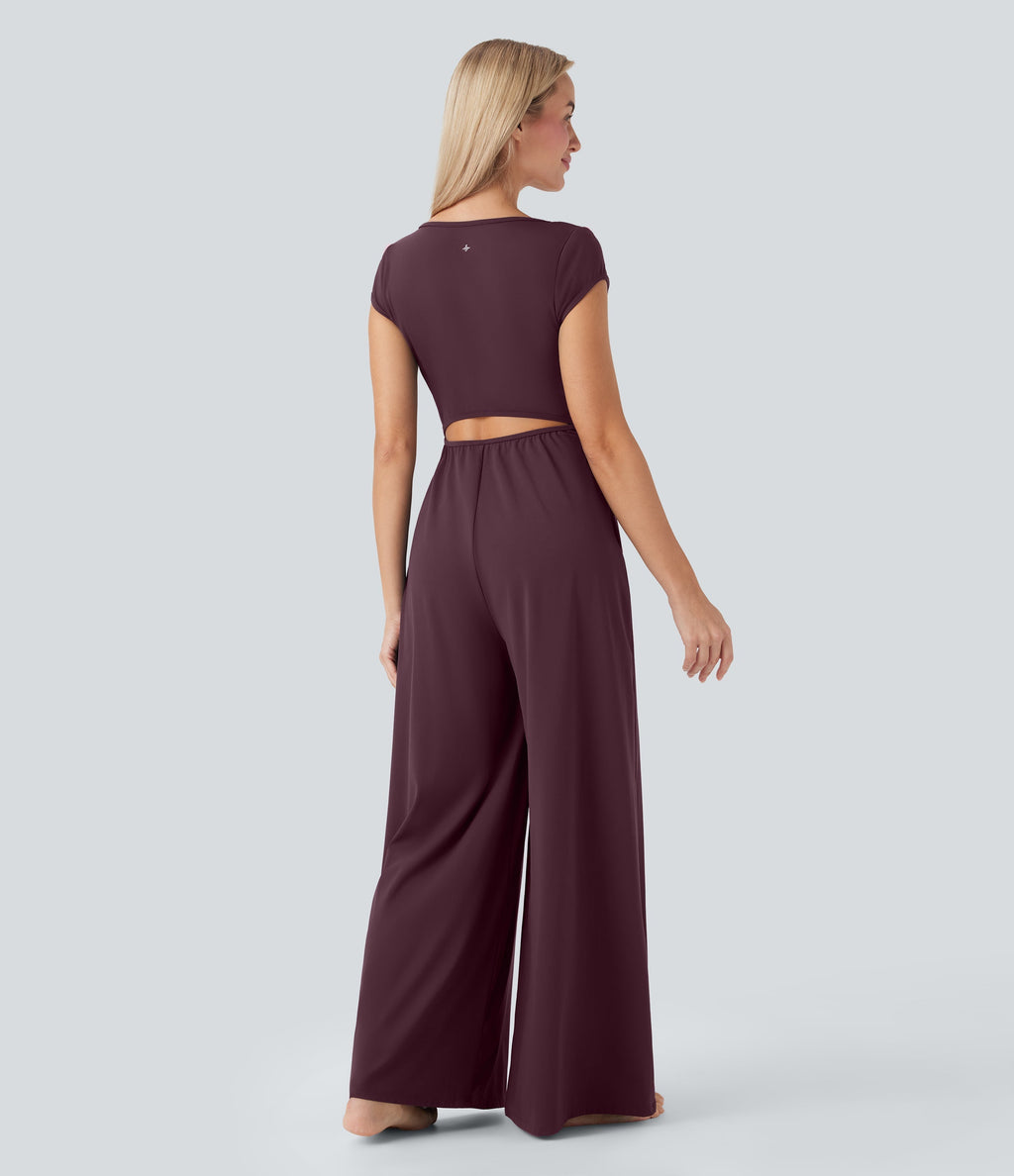 SoftlyZeroTM Airy Short Sleeve Wide Leg Cool Touch Yoga Jumpsuit with Pockets-Easy Peezy Edition