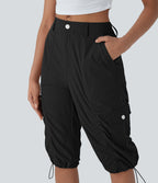 Mid-Rise Ruched Cargo Quick-Dry Casual Pedal Pusher Pants with Pockets