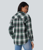 V Neck Curved Hem Plaid Casual Blouse