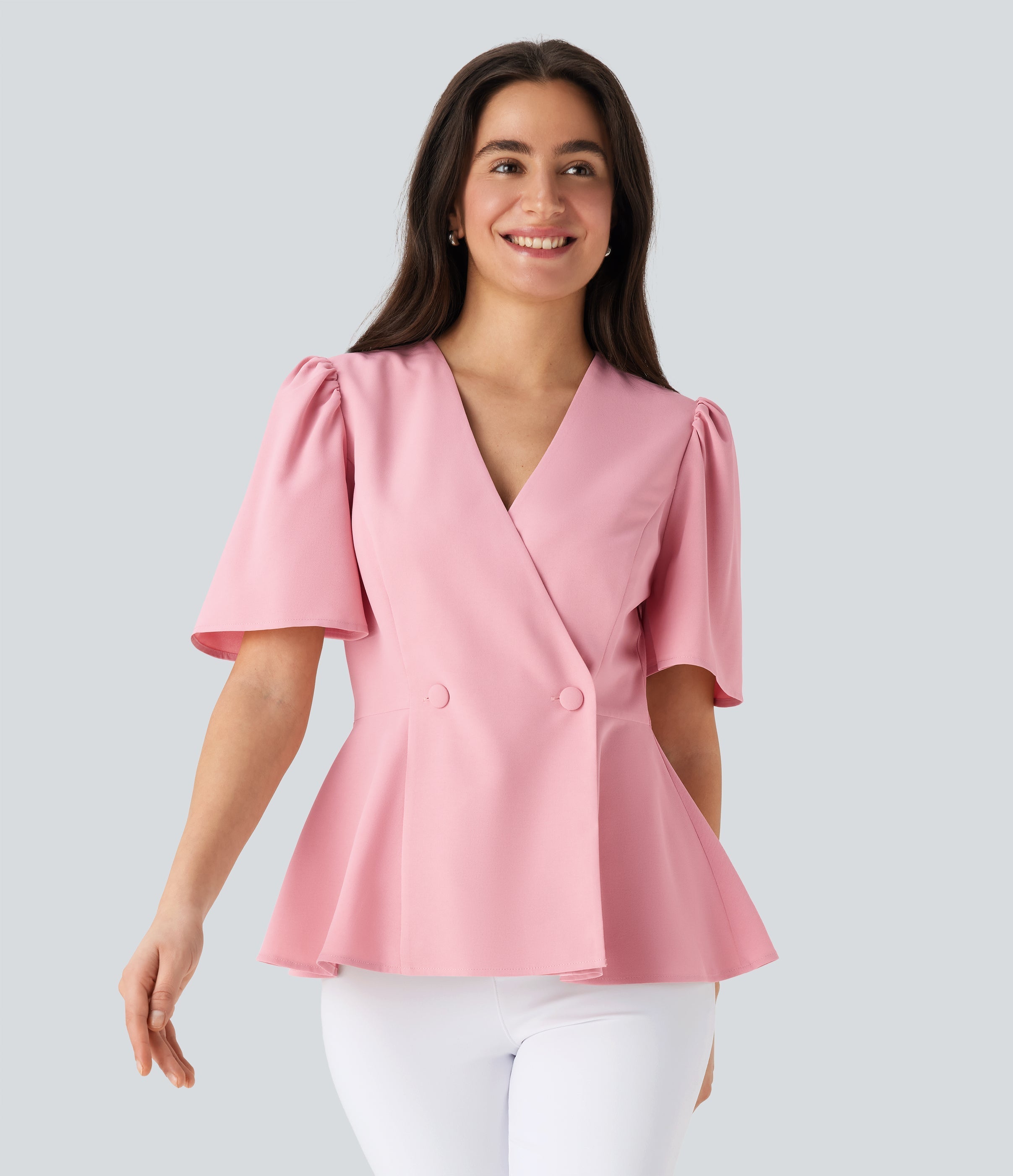 V Neck Short Sleeve Ruffle Hem Work Top