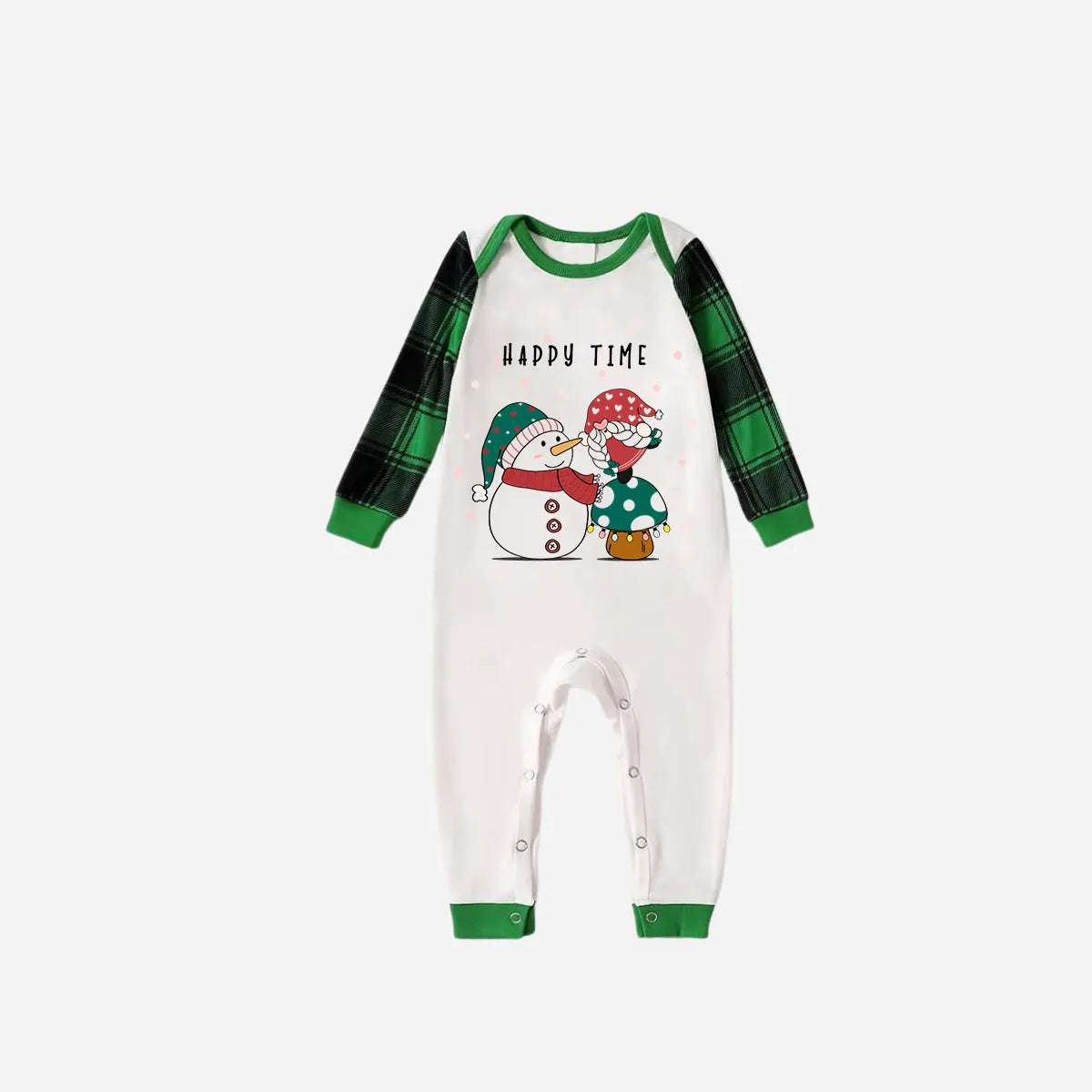Green Raglan Top Green Plaid Christmas Pajamas Set With Snowman and Gnome and "Happy Time" Text Print