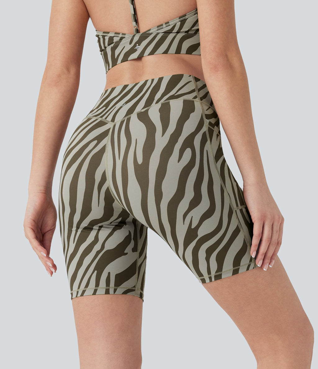 SoCinched High Waisted Tummy Control Zebra Print Training Biker Shorts 7'' with Pockets