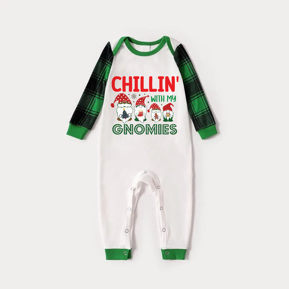Green Raglan Top Green Plaid Christmas Pajamas Set With Christmas Gnomes and "CHILLIN' WITH MY GNOMIES" Print