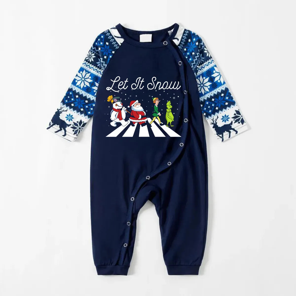 Joyful Blue Christmas Pajamas Set With Santa Claus and Cartoon Pattern Print
