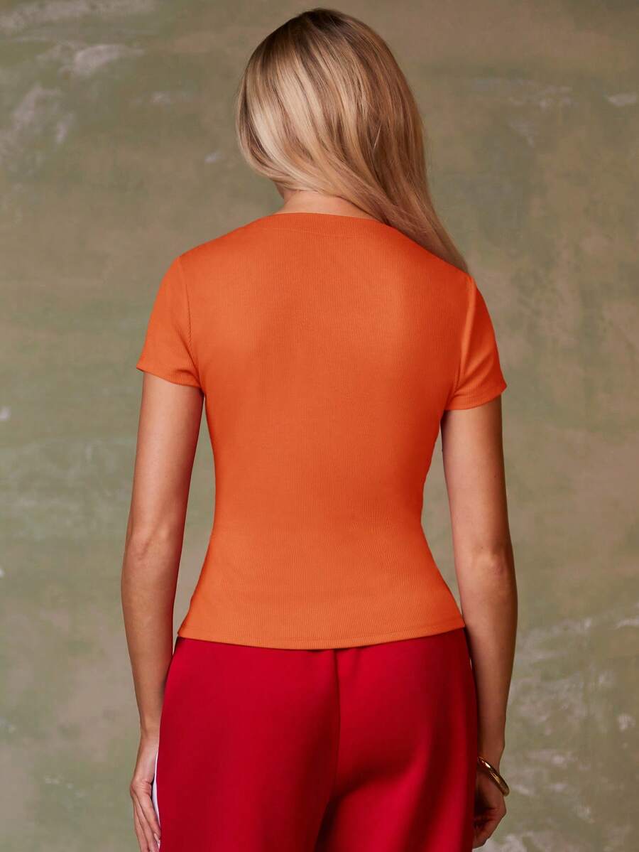 Women's Casual Red Single-Breasted Short Sleeve Fitted Top,Red Top,Christmas, Cute Vacation,Resort Wear,Summer Holiday,Spring,Spring Break,Beach
