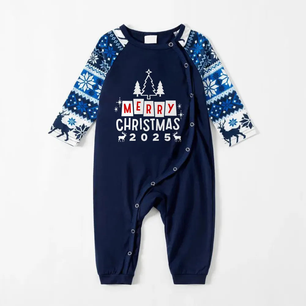 Joyful Blue Christmas Pajamas Set With Christmas Tree and Holiday Slogan