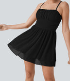 Ruched Tiered Mesh Overlay 2-in-1 Mini Dance Slip Active Dress with Pocket-Easy Peezy