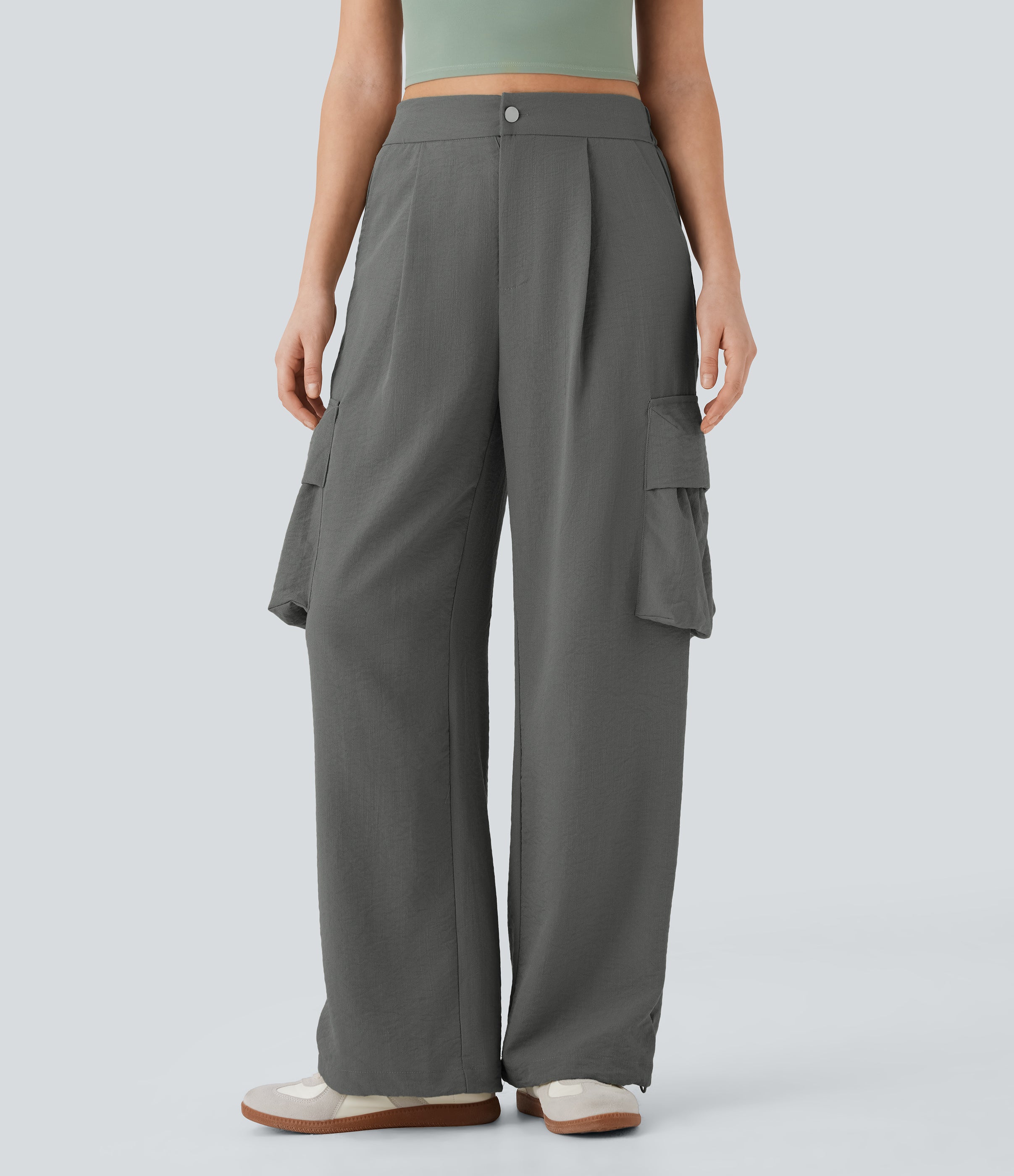 High Waisted Adjustable Drawstring Hem Linen-Feel Casual Cargo Pants with Pockets
