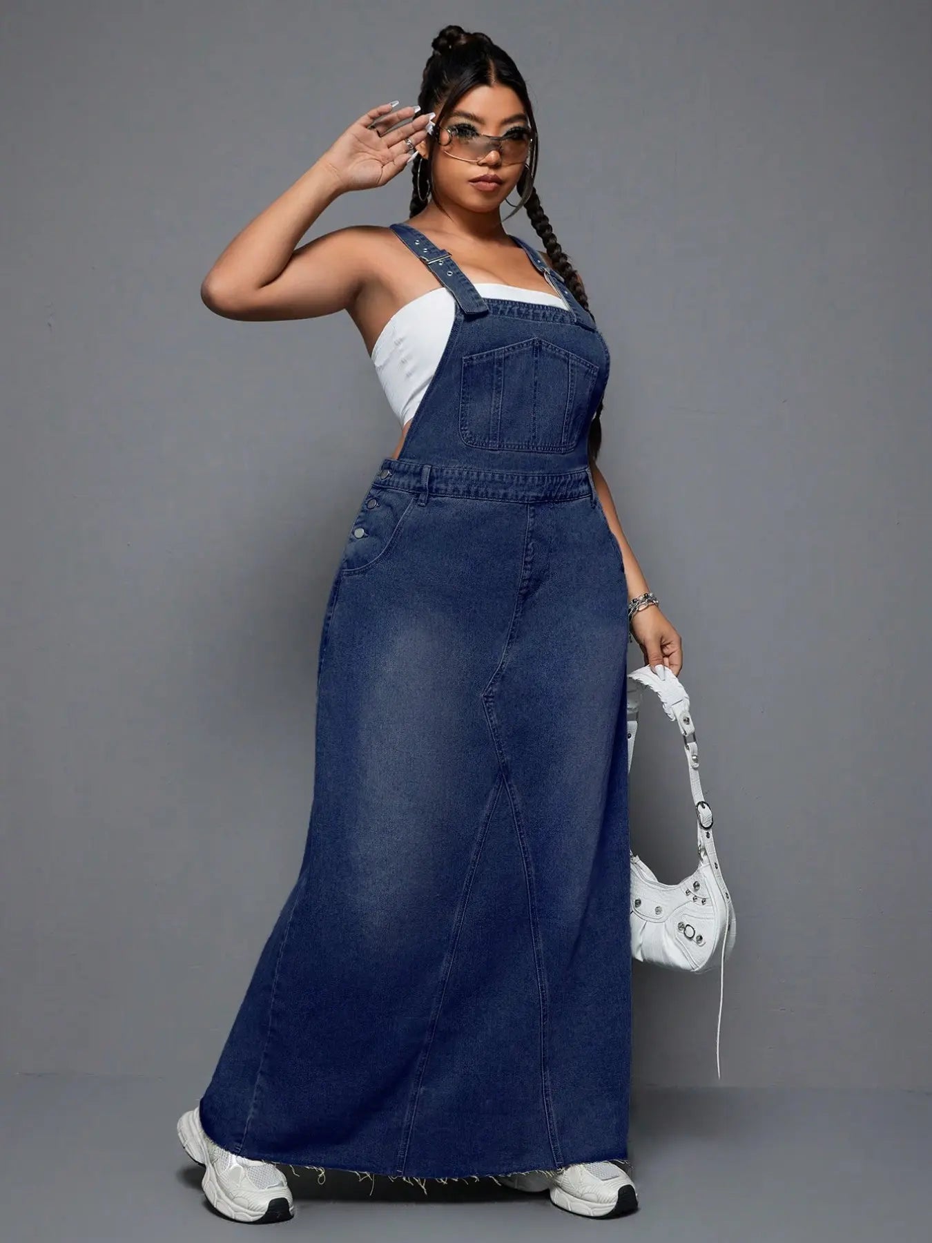 Plus Size Women's Summer Punk Casual Style Frayed Denim Strap Dress, Essential for Daily Outings, Trendy and Comfortable Long Skirt