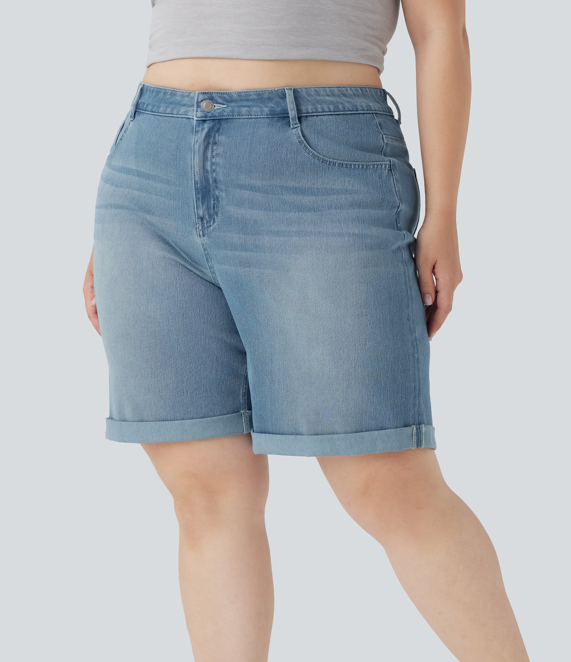 FlexTM High Waisted Multiple Pockets Rolled Hem Washed Stretchy Knit Denim Casual Plus Size Bermuda Shorts