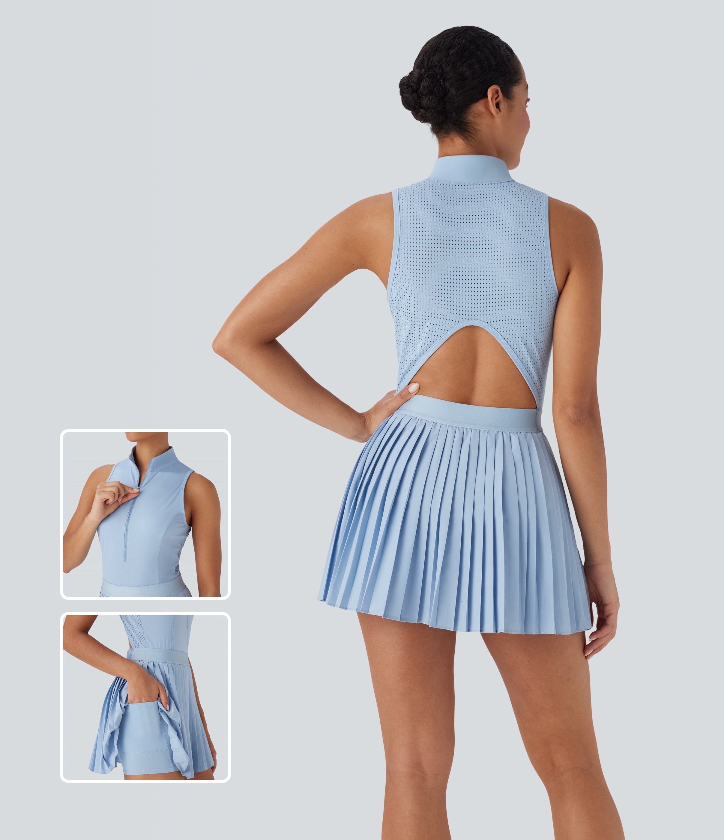 BreezefulTM Sleeveless Cut Out 2-in-1 Pleated Quick Dry Mini Tennis Active Dress with Pockets