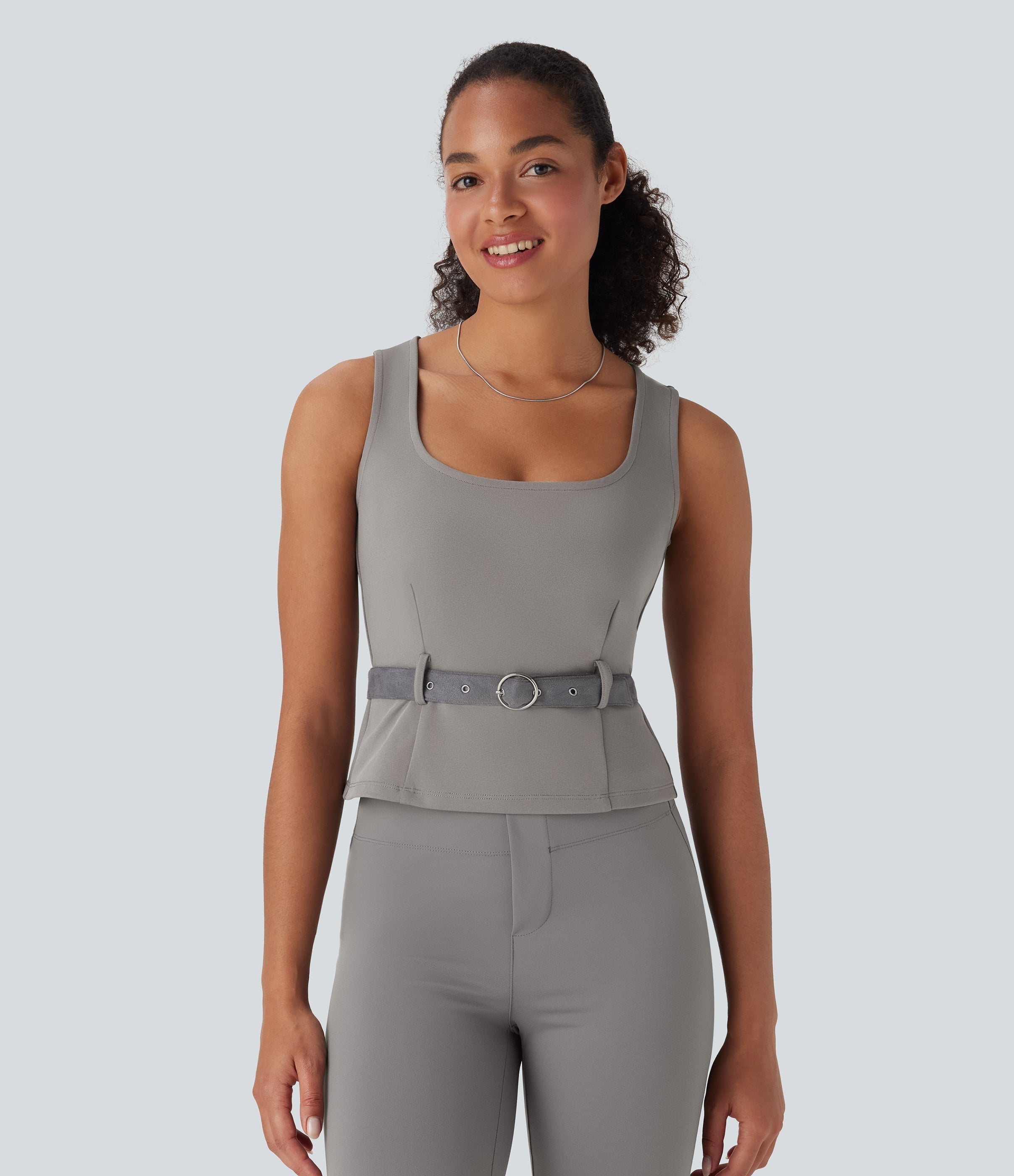 Square Neck Belted Work Tank Top