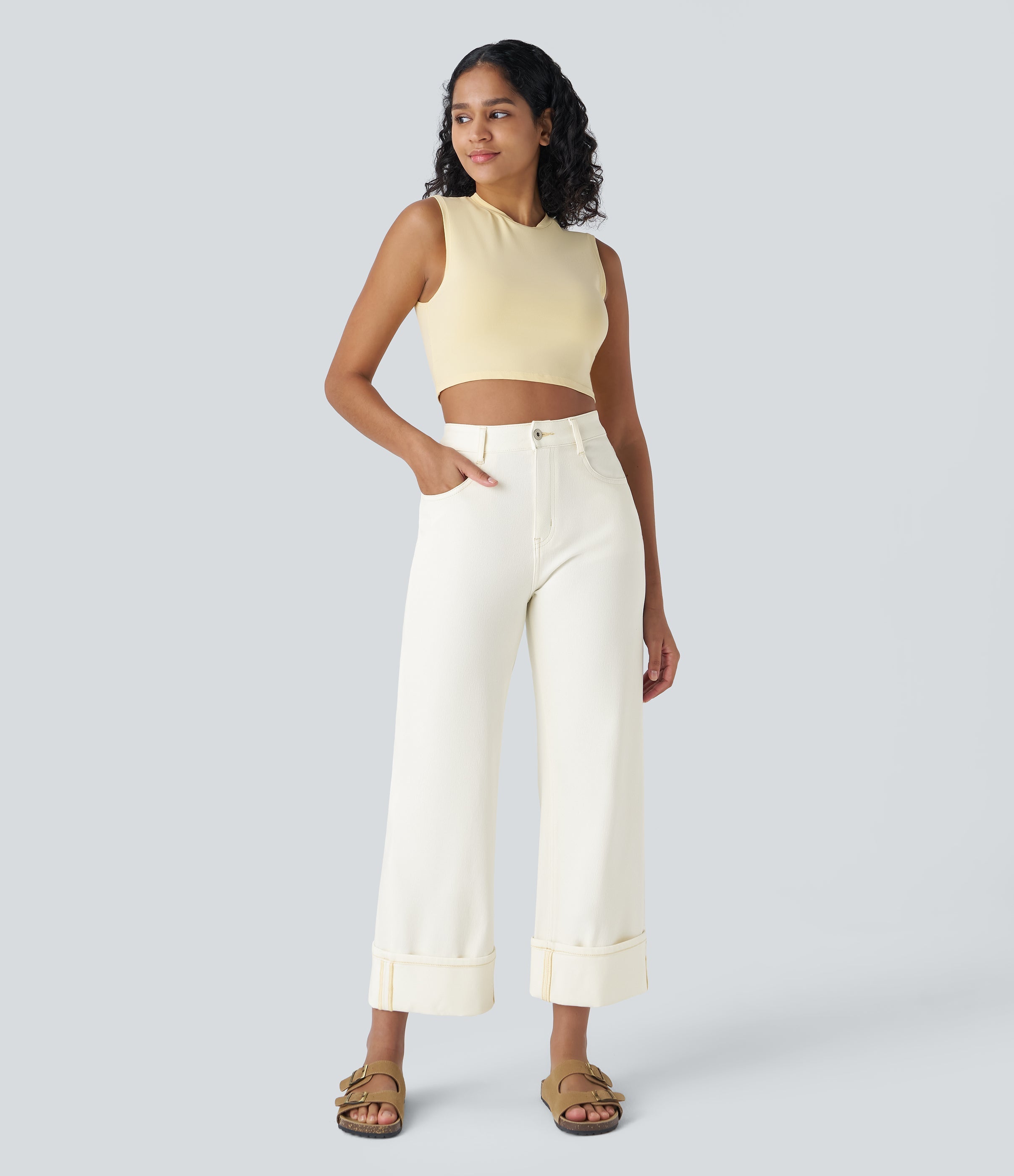 FlexTM High Waisted Multiple Pockets Rolled Hem Wide Leg Washed Stretchy Knit Casual Jeans