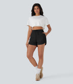 High Waisted Drawstring Contrast Mesh Curved Hem Yoga Shorts with Pockets