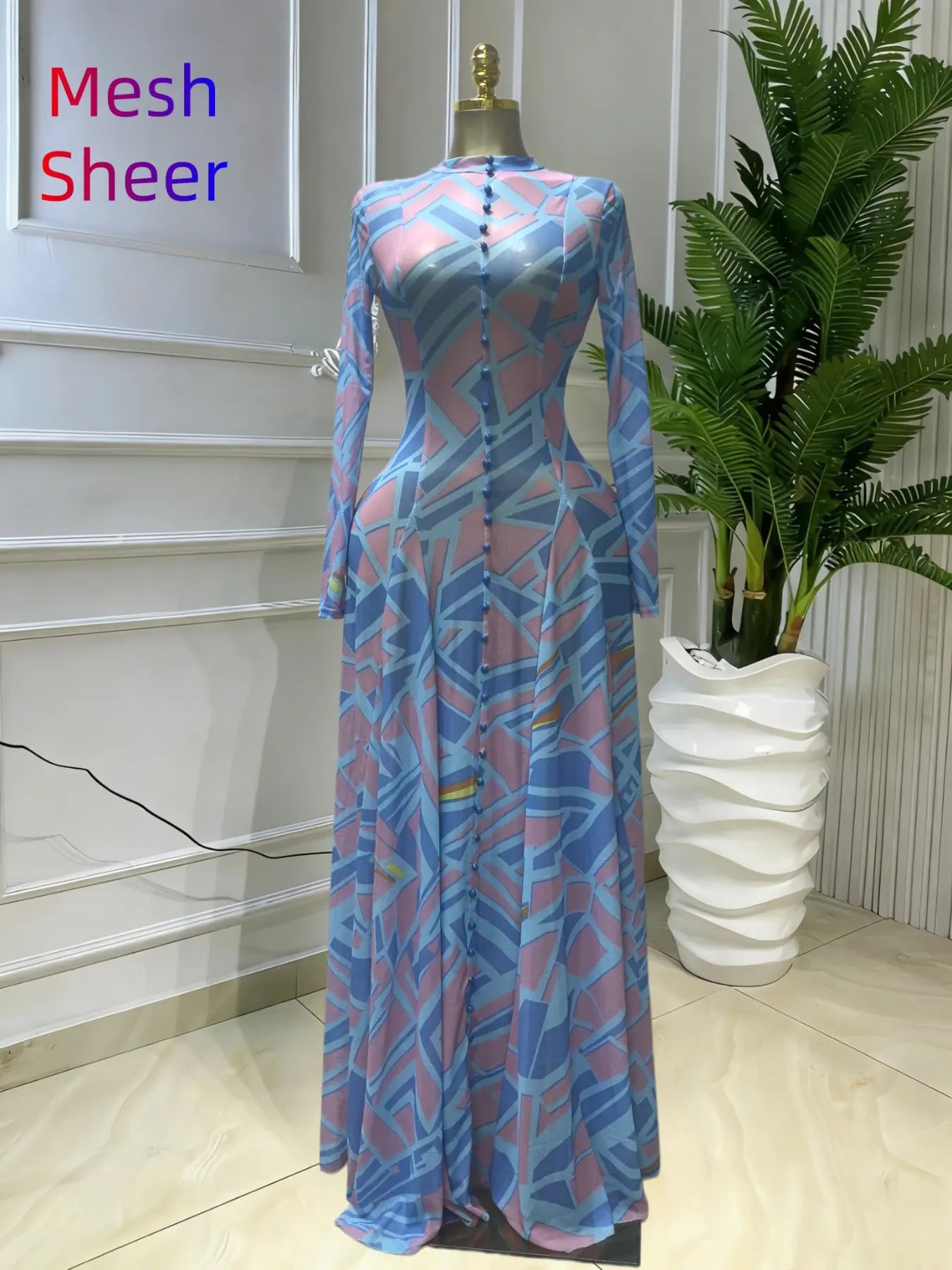 Women's O-Neck Long Sleeve Woven Maxi Dress, Tie-Dye Print, Romantic Valentine's Day Party Outfit Gown, Sexy Mesh Sheer Dress, Spring Sexy Club Street Evening Wear Lady Skirts