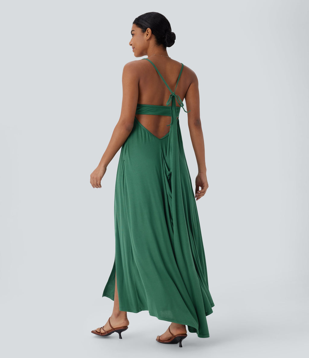 Ribbed Tie Back Ruched Maxi Slip Dress with Pockets