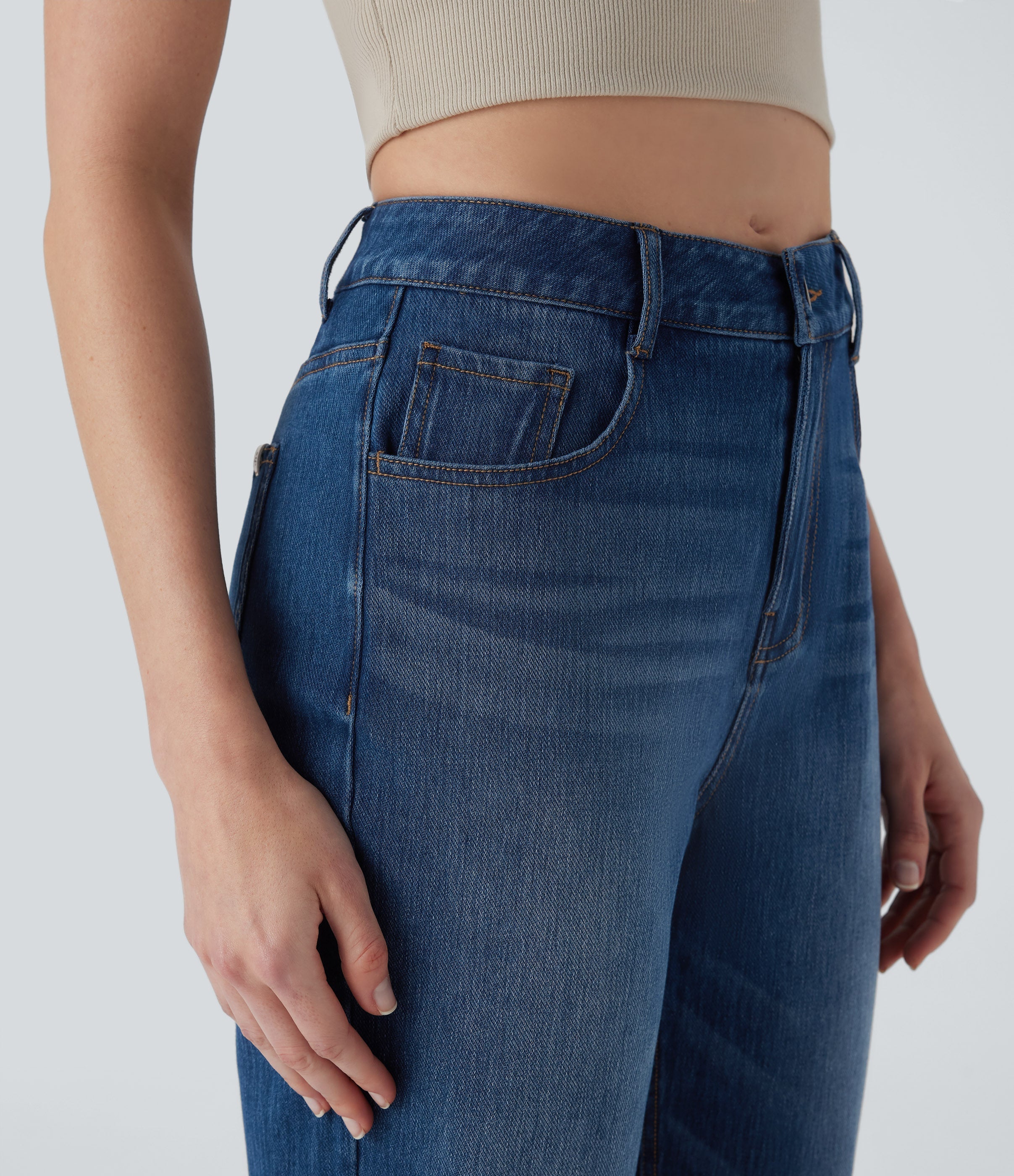 FlexTM Mid Rise Straight Leg Washed Casual Jeans with Pockets